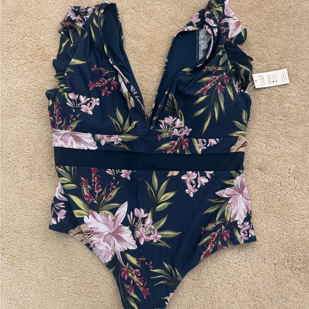 Cupshe Navy One-Piece Swimsuit with Pink Floral Print